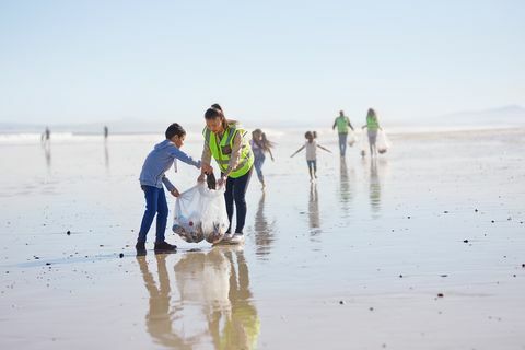 אם ובן מתנדבים ומנקים מלטה בחוף חול שטוף שמש ורטוב