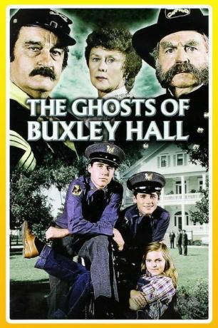 פוסטר לסרט רוחות רפאים של אולם בוקסלי עם שלושה רוחות רפאים ישנות למעלה ושני נערים צוערים ונערה בתחתית עם בית הספר שלהם ברקע