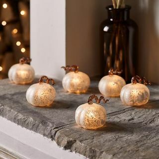 6 Mini Antique White Light Up Pumpkins