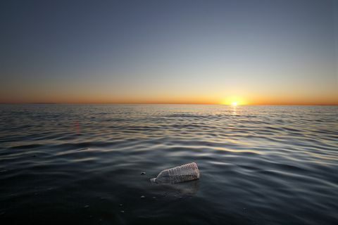בקבוק מים מפלסטיק צף באוקיאנוס השקט, סנטה מוניקה, קליפורניה, ארה"ב