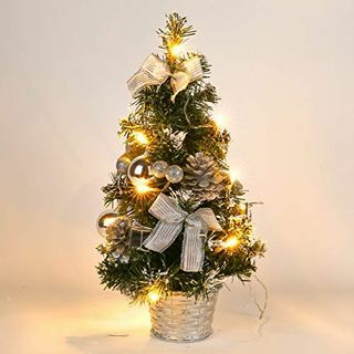 Mrinb עץ חג המולד קטן עם אורות, מיני עץ לקישוט שולחני לבר קניות במשרד הביתי (כסף)